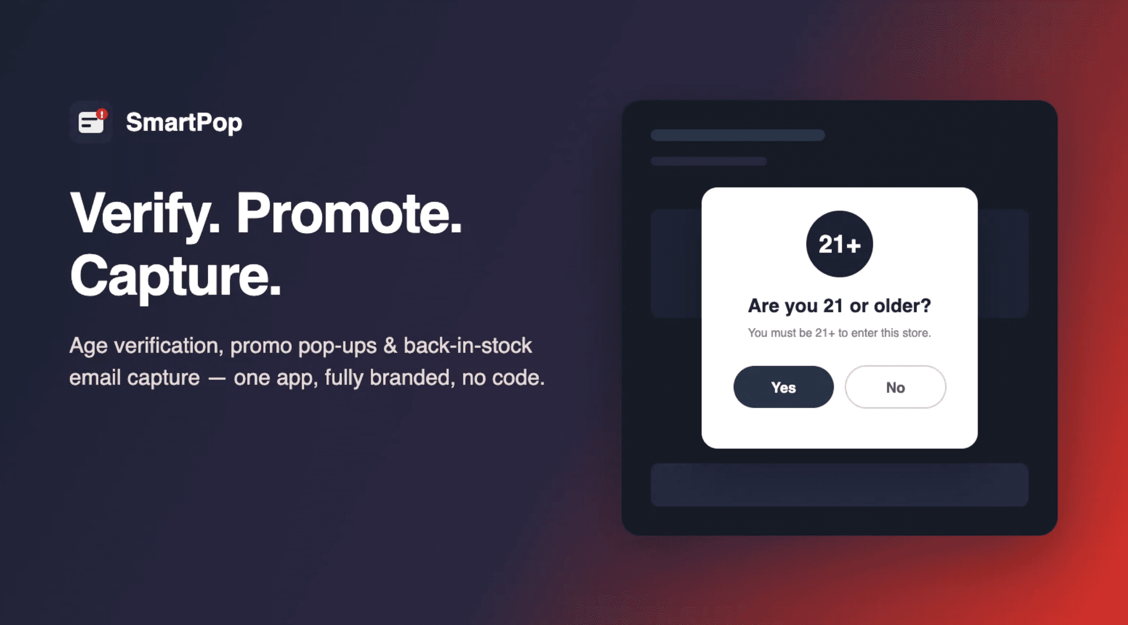 SmartPop Shopify app showing branded age verification, promotional popups, and back-in-stock email capture